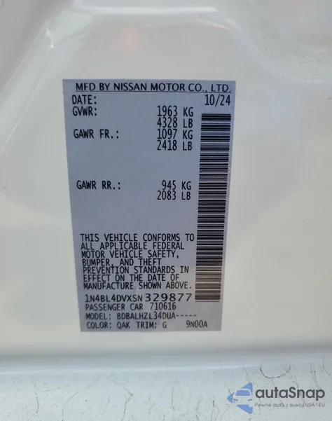 2025 Nissan Altima Sv from USA, damaged, VIN 1N4BL4DVXSN329877